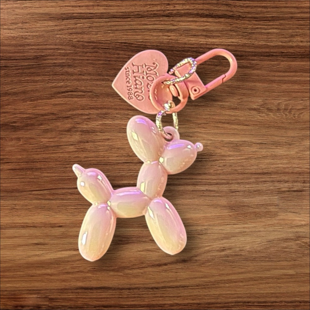 Bright Baby Pink Balloon Dog Keychain with Heart Charm.